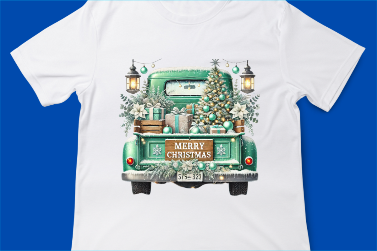Vintage Merry Christmas Truck Tee, Festive Holiday Tree Pickup Design Green 3