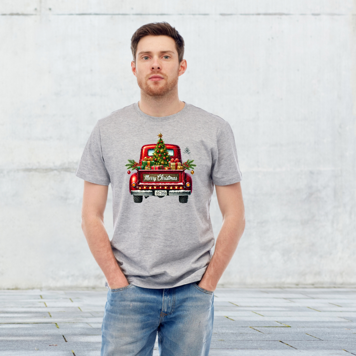 Vintage Merry Christmas Truck Tee, Festive Holiday Tree Pickup Design Red 2
