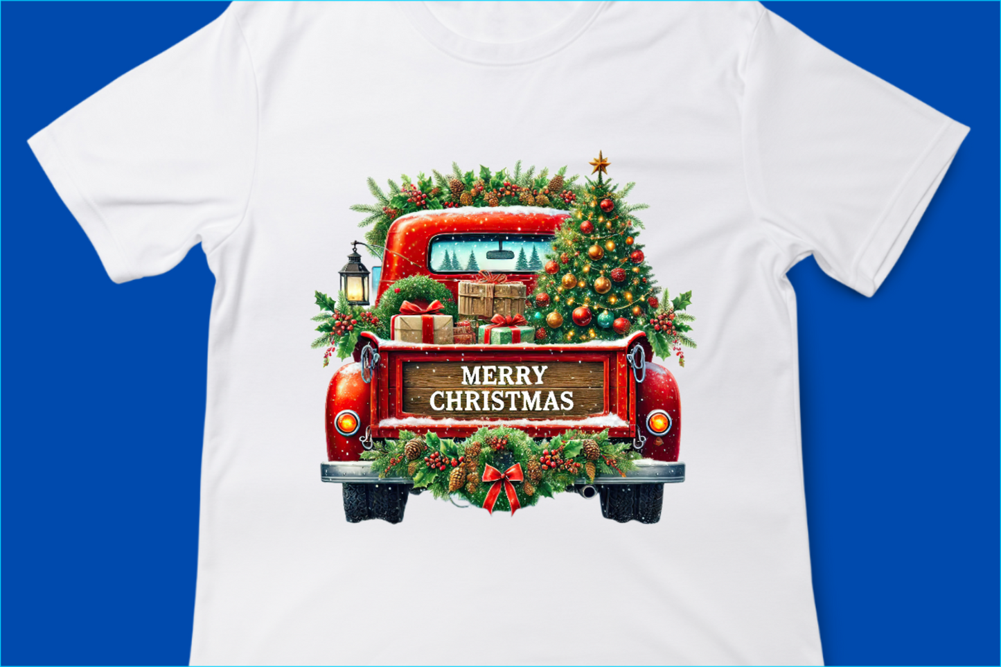 Vintage Merry Christmas Truck Tee, Festive Holiday Tree Pickup Design Red 6