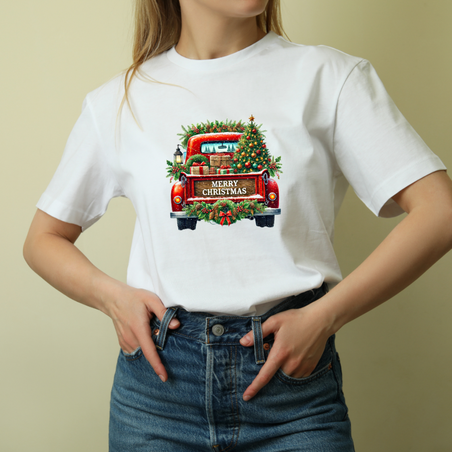 Vintage Merry Christmas Truck Tee, Festive Holiday Tree Pickup Design Red 6