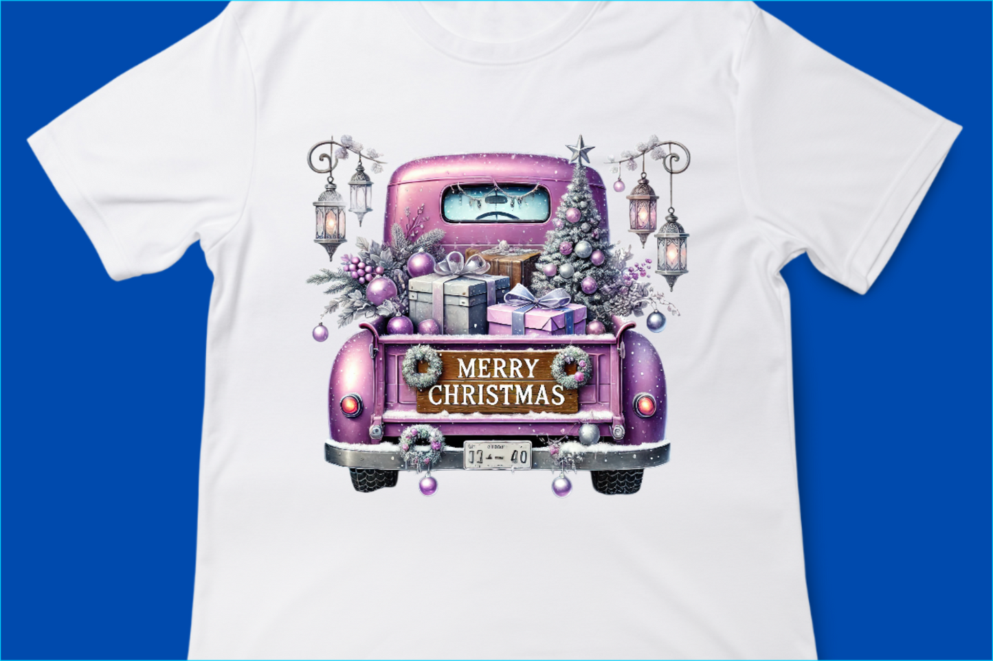 Vintage Merry Christmas Truck Tee, Festive Holiday Tree Pickup Design Purple 1