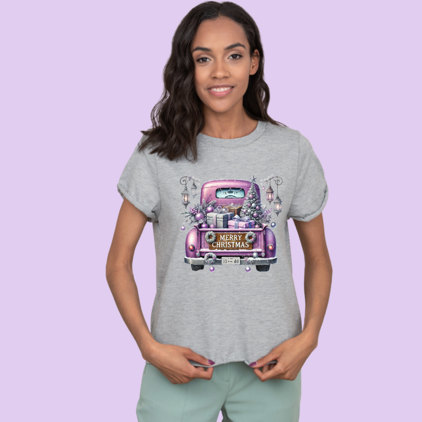 Vintage Merry Christmas Truck Tee, Festive Holiday Tree Pickup Design Purple 1