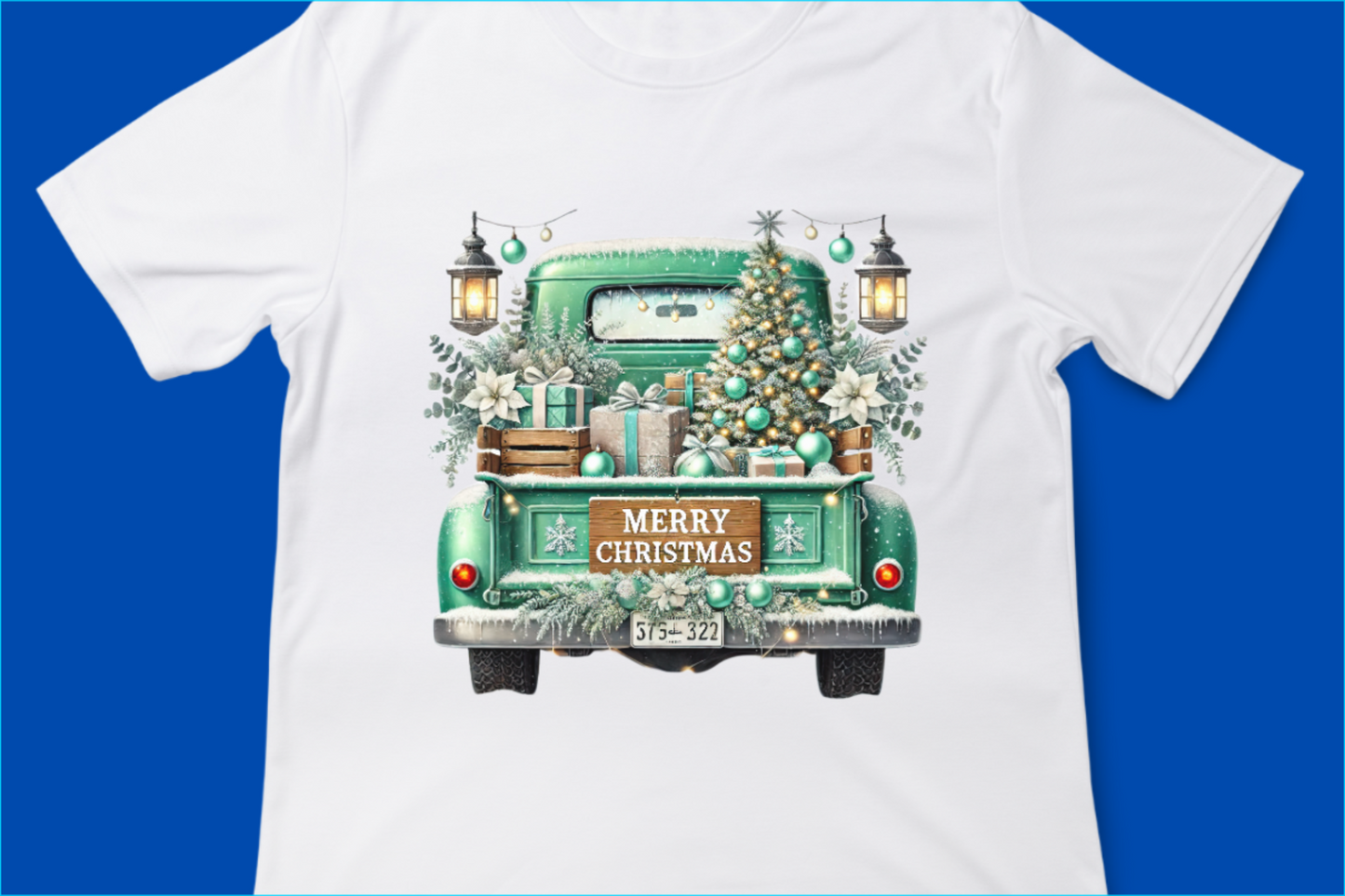 Vintage Merry Christmas Truck Tee, Festive Holiday Tree Pickup Design Green 3