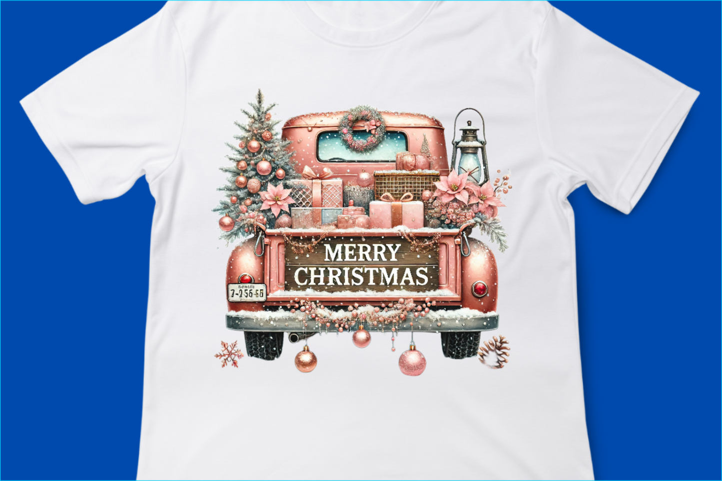 Vintage Merry Christmas Truck Tee, Festive Holiday Tree Pickup Design Pink 2
