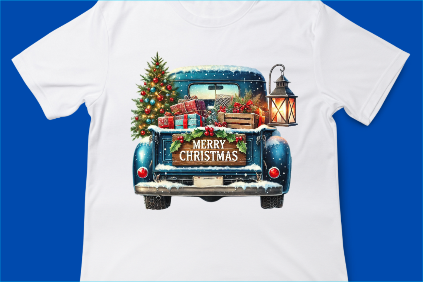 Vintage Merry Christmas Truck Tee, Festive Holiday Tree Pickup Design Blue 3