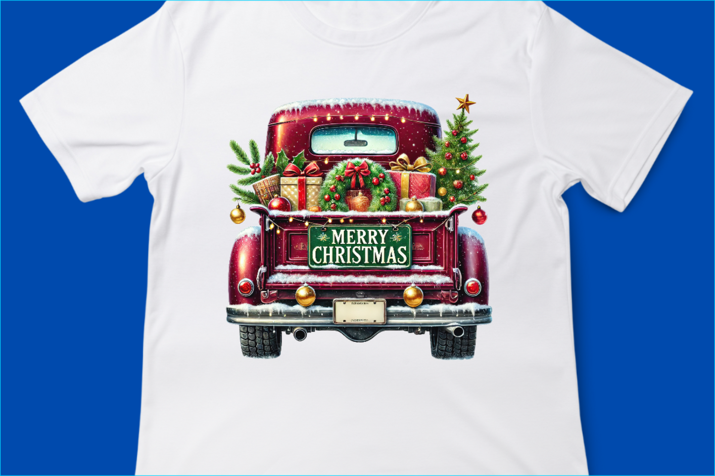 Vintage Merry Christmas Truck Tee – Festive Holiday Tree Pickup Design Red 5