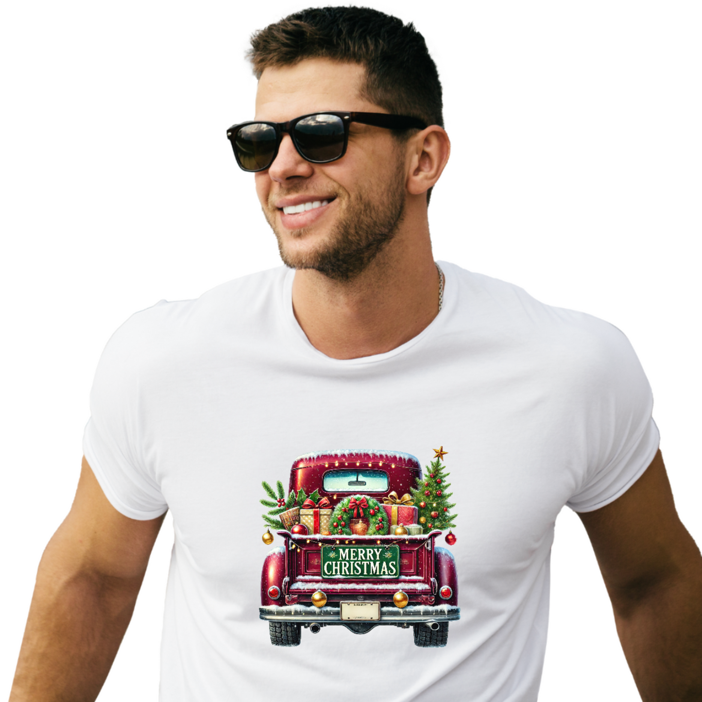 Vintage Merry Christmas Truck Tee – Festive Holiday Tree Pickup Design Red 5