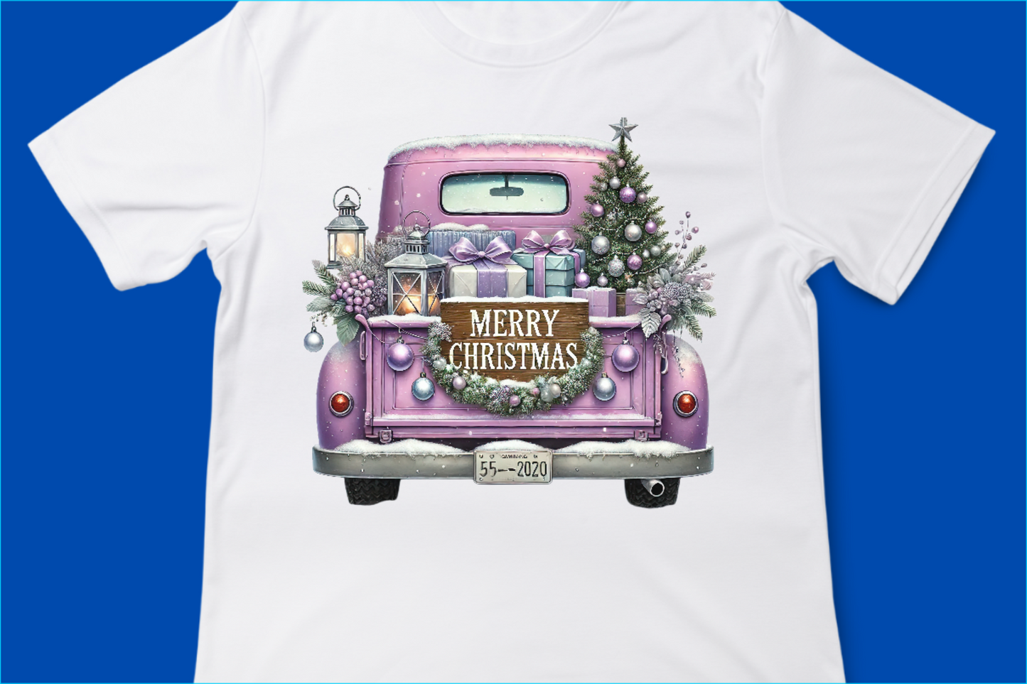 Vintage Merry Christmas Truck Tee, Festive Holiday Tree Pickup Design Purple 2