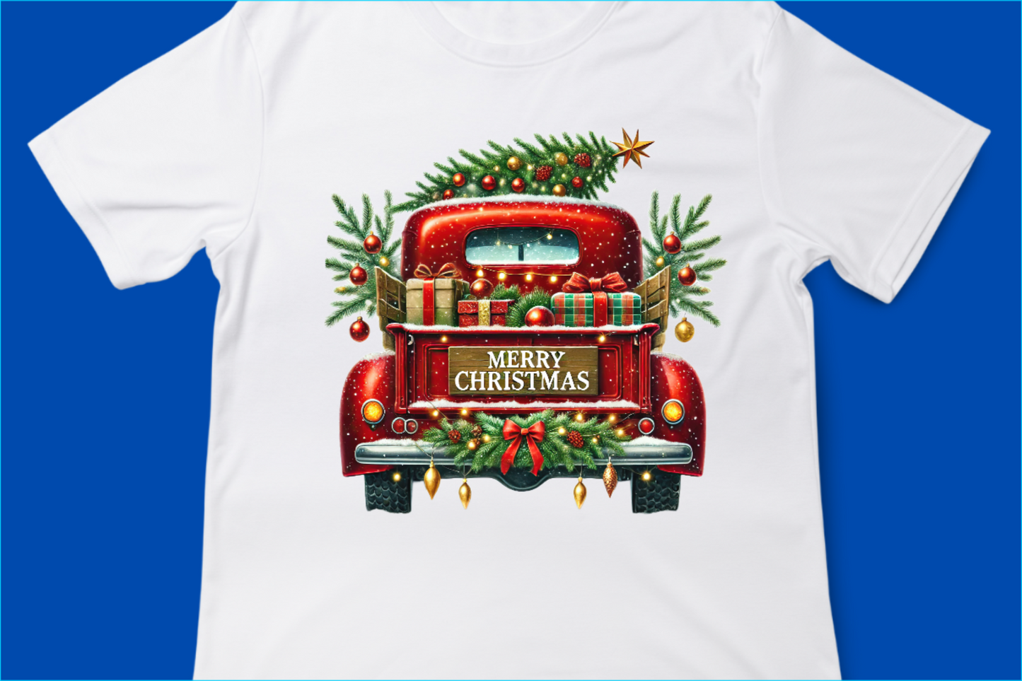 Vintage Merry Christmas Truck Tee, Festive Holiday Tree Pickup Design Red 4