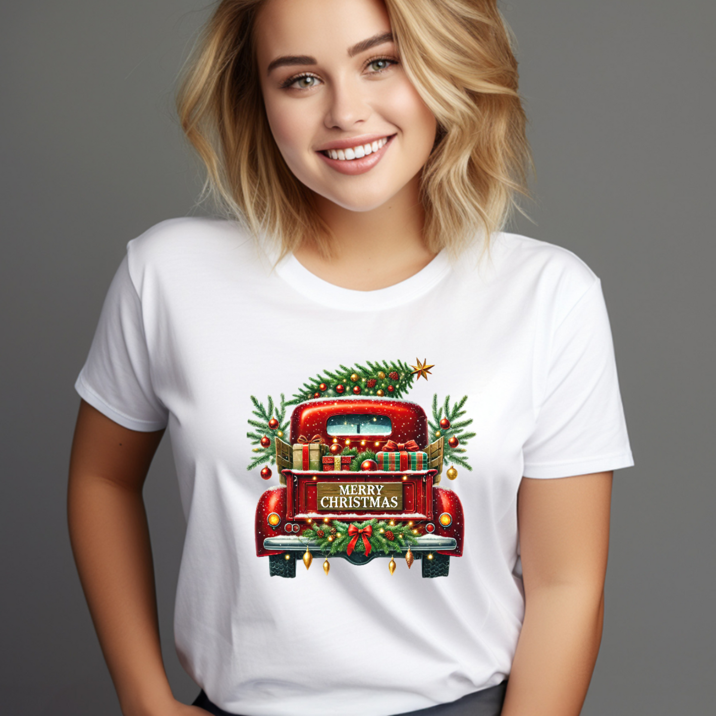 Vintage Merry Christmas Truck Tee, Festive Holiday Tree Pickup Design Red 4