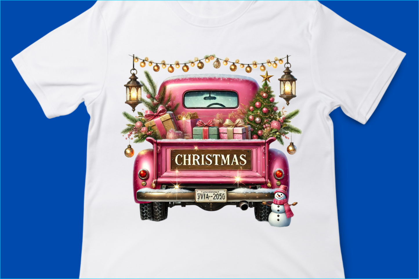 Vintage Merry Christmas Truck Tee, Festive Holiday Tree Pickup Design Pink 3
