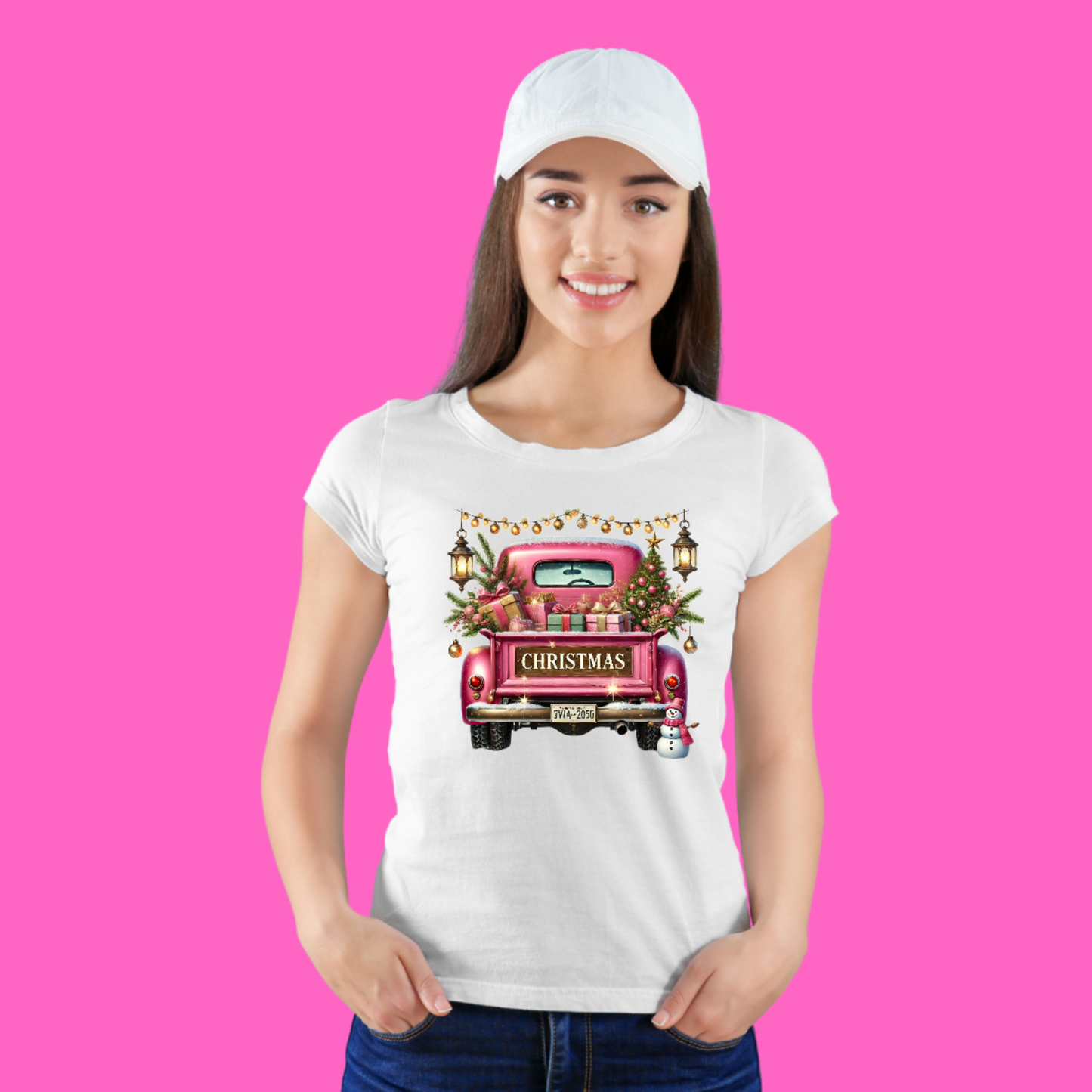 Vintage Merry Christmas Truck Tee, Festive Holiday Tree Pickup Design Pink 3
