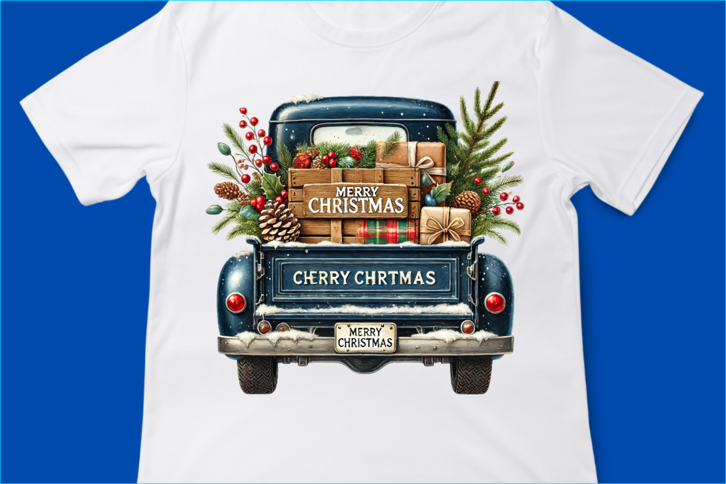 Vintage Merry Christmas Truck Tee, Festive Holiday Tree Pickup Design Blue 7