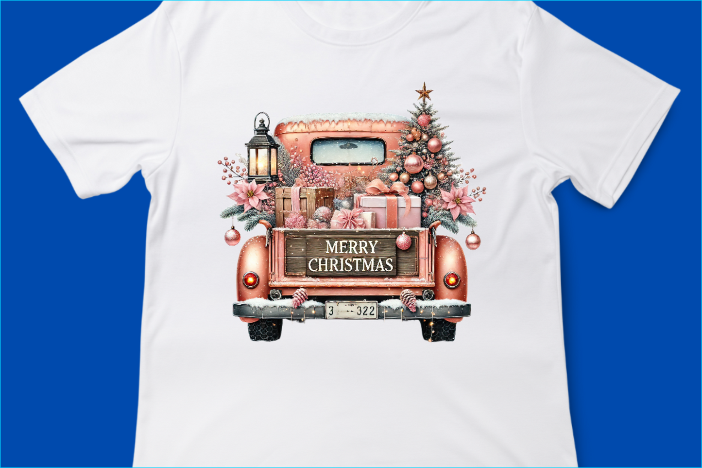 Vintage Merry Christmas Truck Tee – Festive Holiday Tree Pickup Design Pink 1