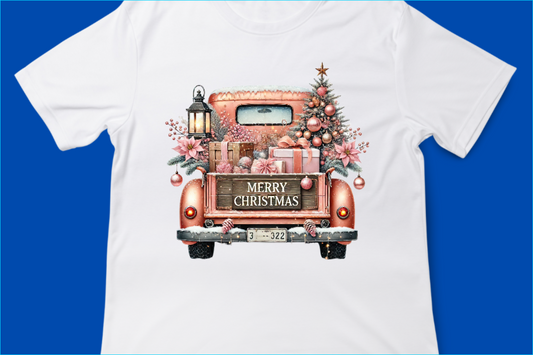 Vintage Merry Christmas Truck Tee – Festive Holiday Tree Pickup Design Pink 1