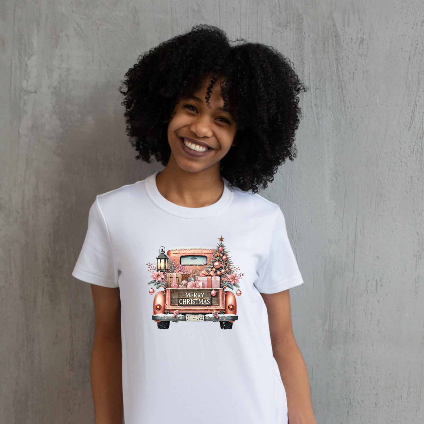 Vintage Merry Christmas Truck Tee – Festive Holiday Tree Pickup Design Pink 1