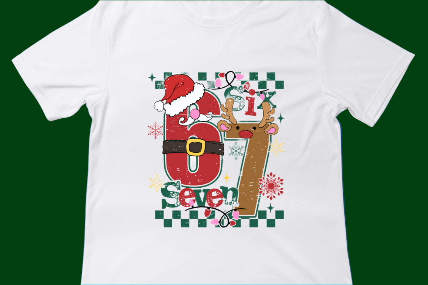 Festive 6 & 7 Christmas Character Tee, Santa Six & Reindeer Seven Holiday Shirt