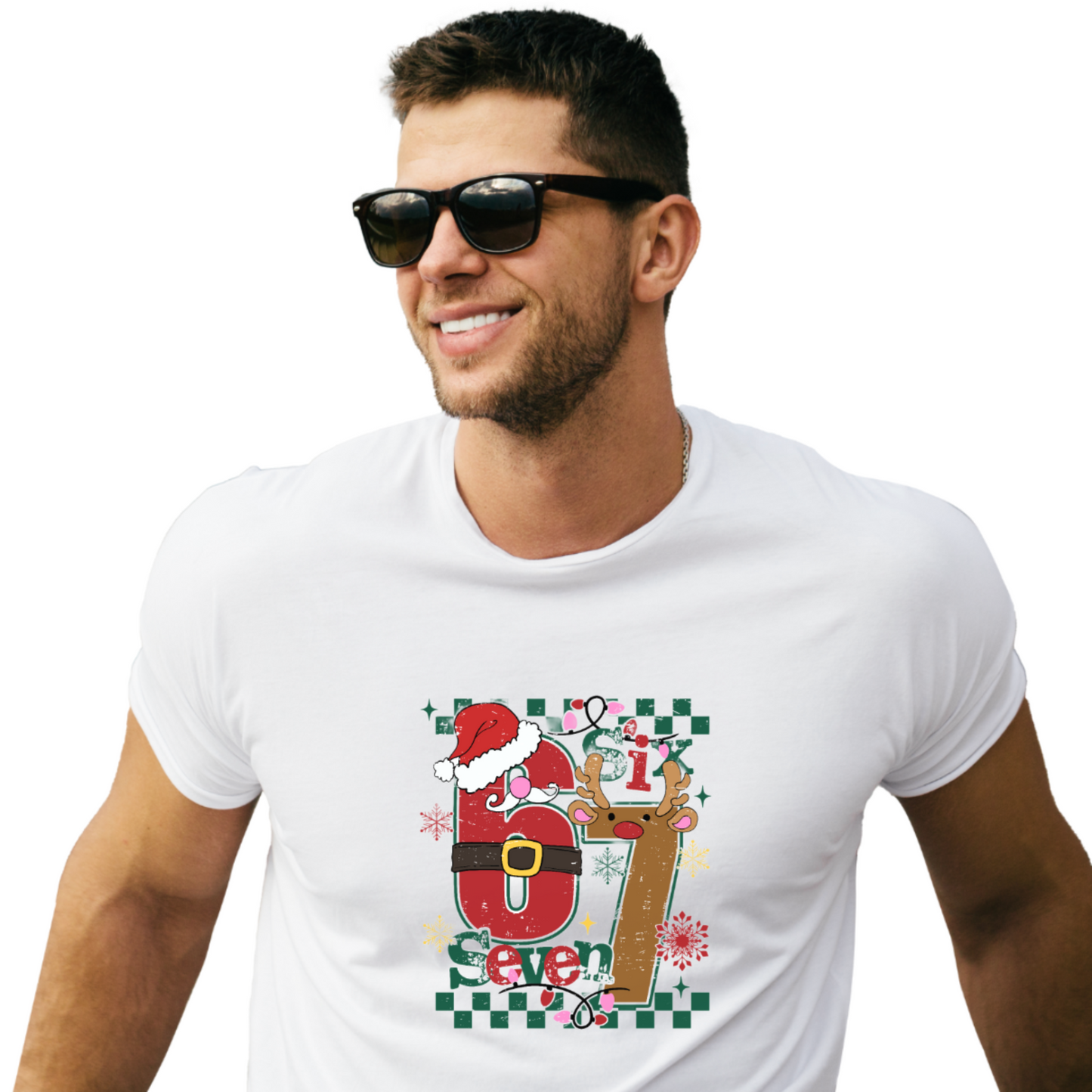 Festive 6 & 7 Christmas Character Tee, Santa Six & Reindeer Seven Holiday Shirt