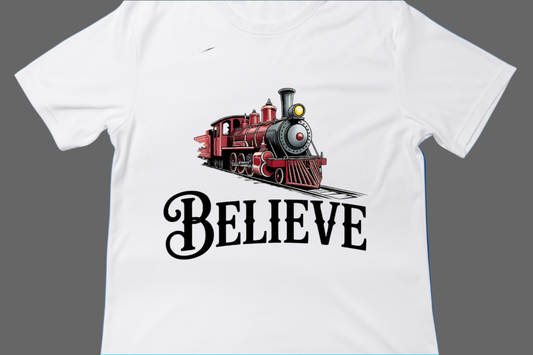 Believe Christmas Train Tee, Magical Holiday Spirit Shirt