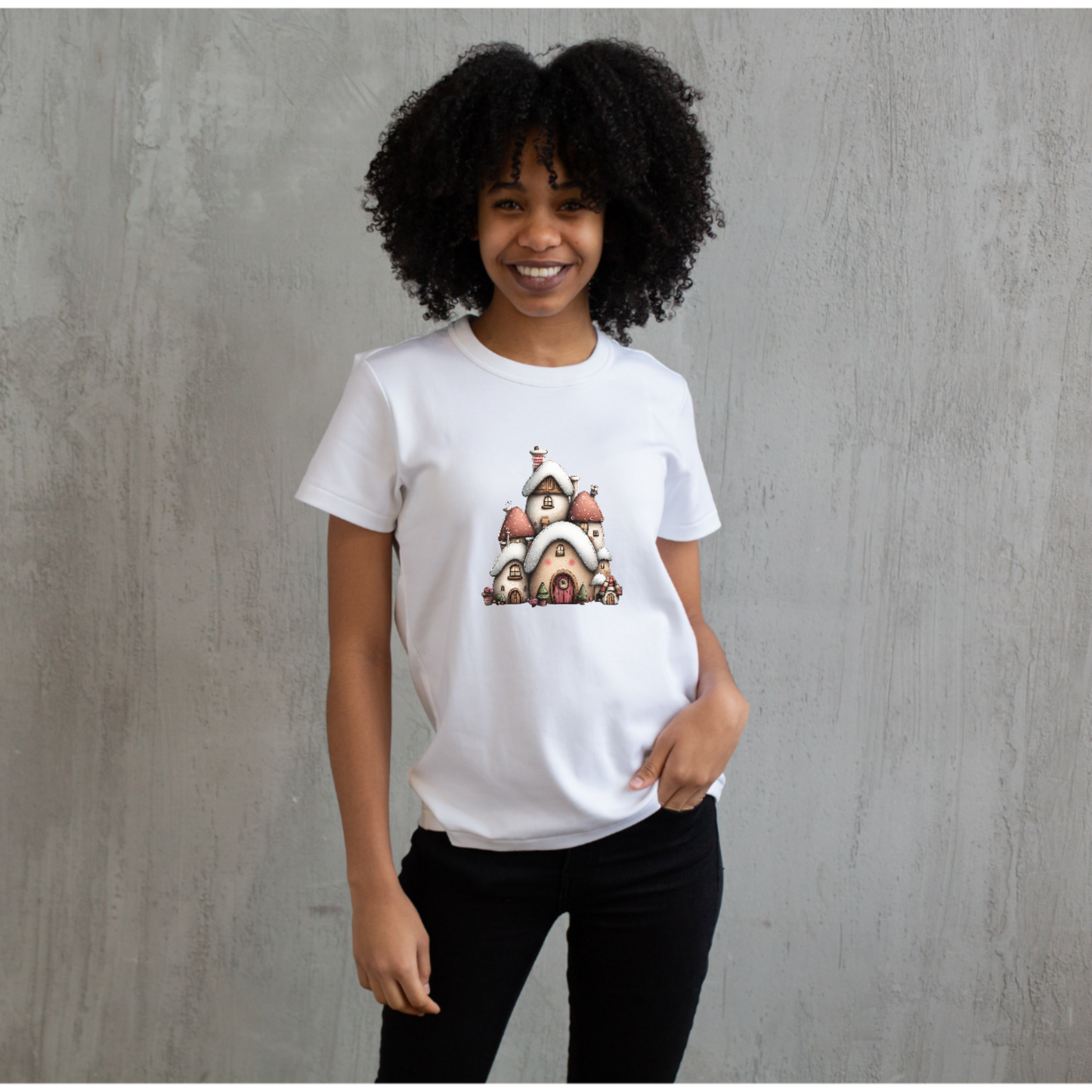 Whimsical Snowy Cottage Christmas Tee