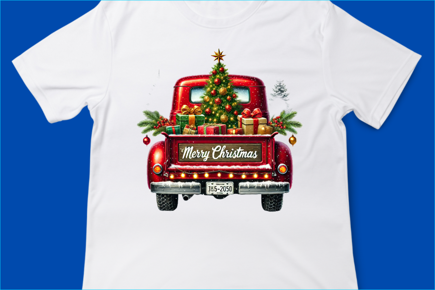 Vintage Merry Christmas Truck Tee, Festive Holiday Tree Pickup Design Red 2