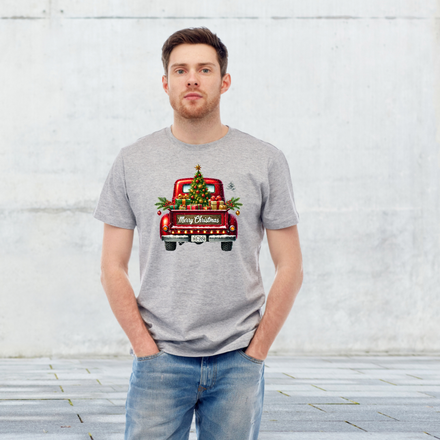 Vintage Merry Christmas Truck Tee, Festive Holiday Tree Pickup Design Red 2