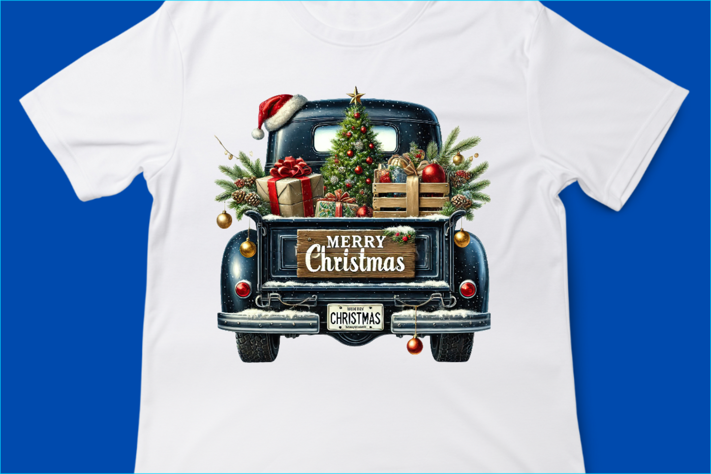 Vintage Merry Christmas Truck Tee, Festive Holiday Tree Pickup Design Dark Blue
