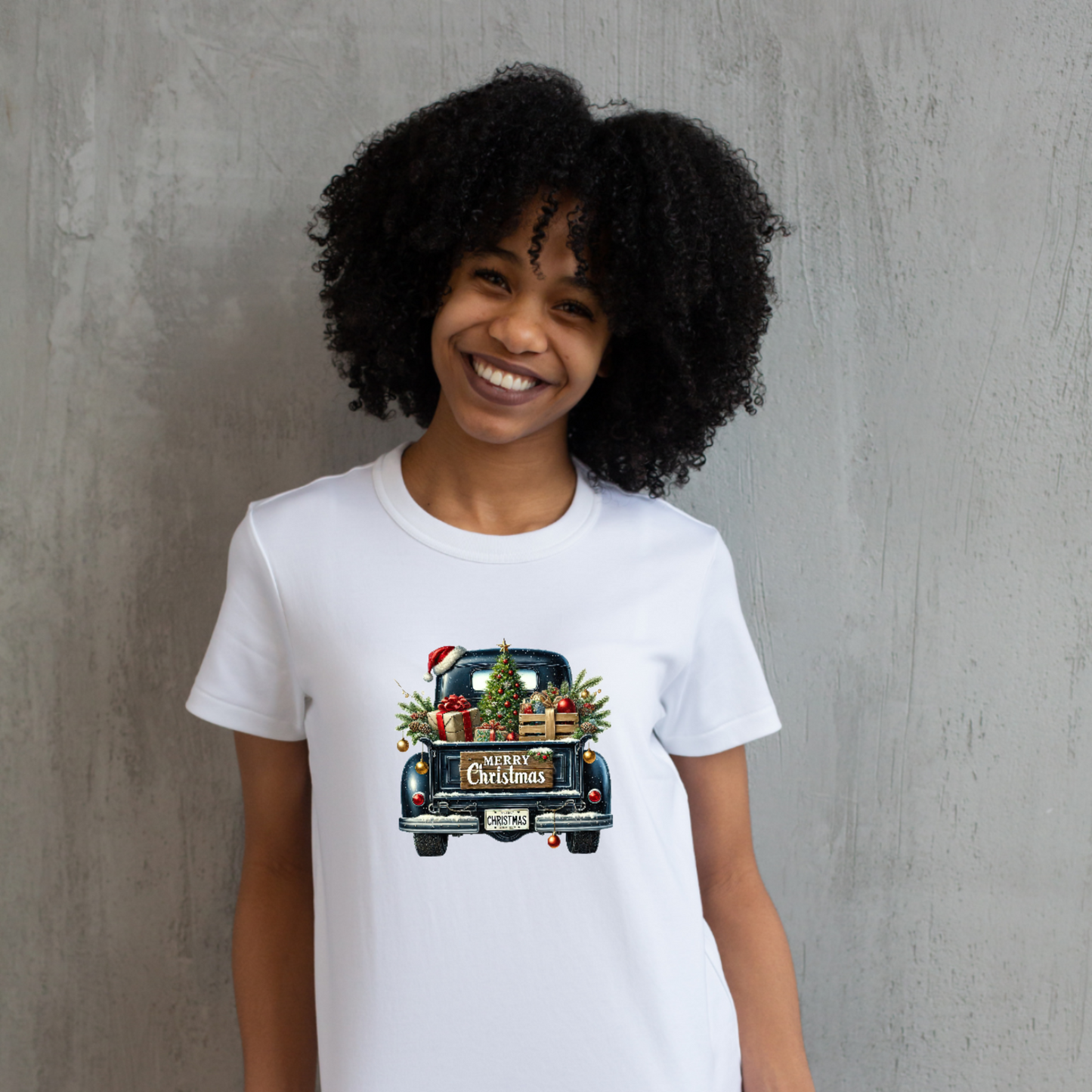 Vintage Merry Christmas Truck Tee, Festive Holiday Tree Pickup Design Dark Blue