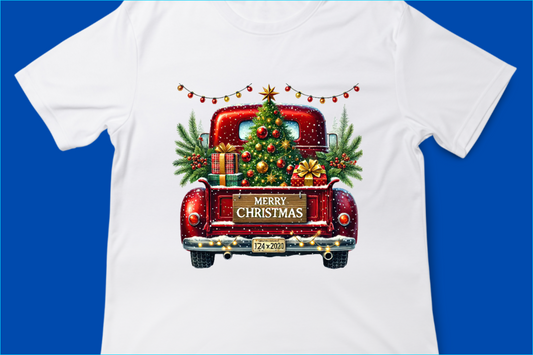 Vintage Merry Christmas Truck Tee – Festive Holiday Tree Pickup Design Red 3