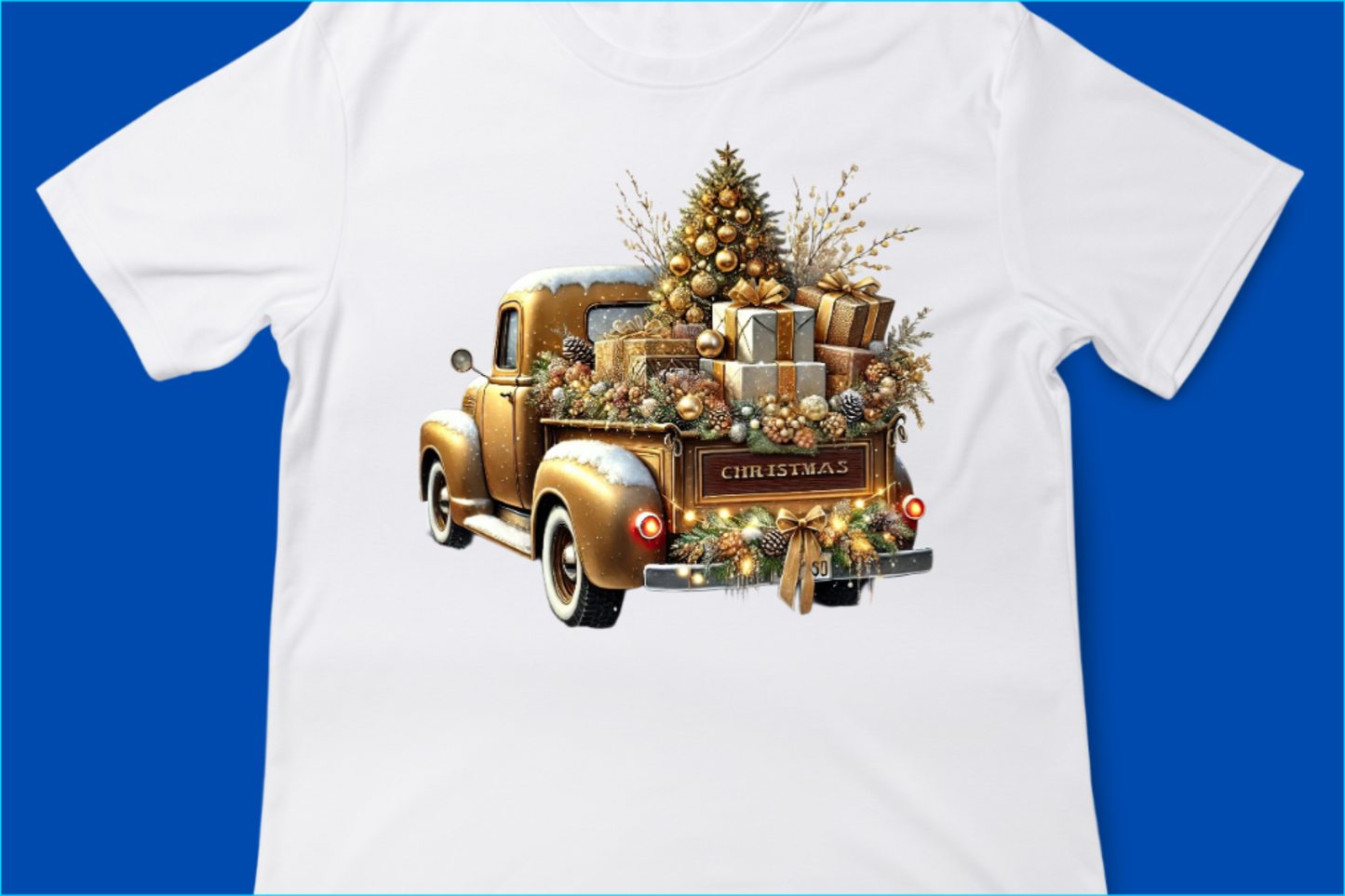 Gold Vintage Merry Christmas Truck Tee, Festive Holiday Tree Pickup Design