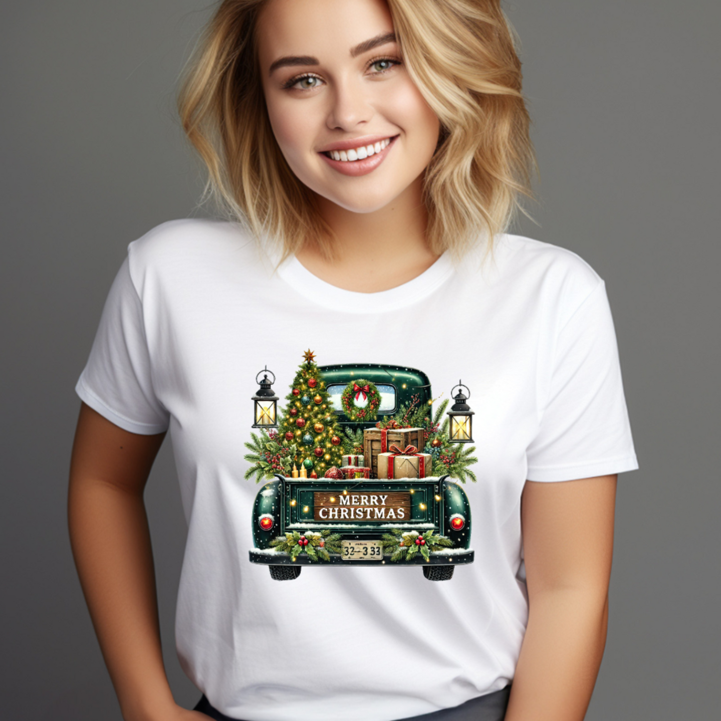 Vintage Merry Christmas Truck Tee – Festive Holiday Tree Pickup Design Green 2