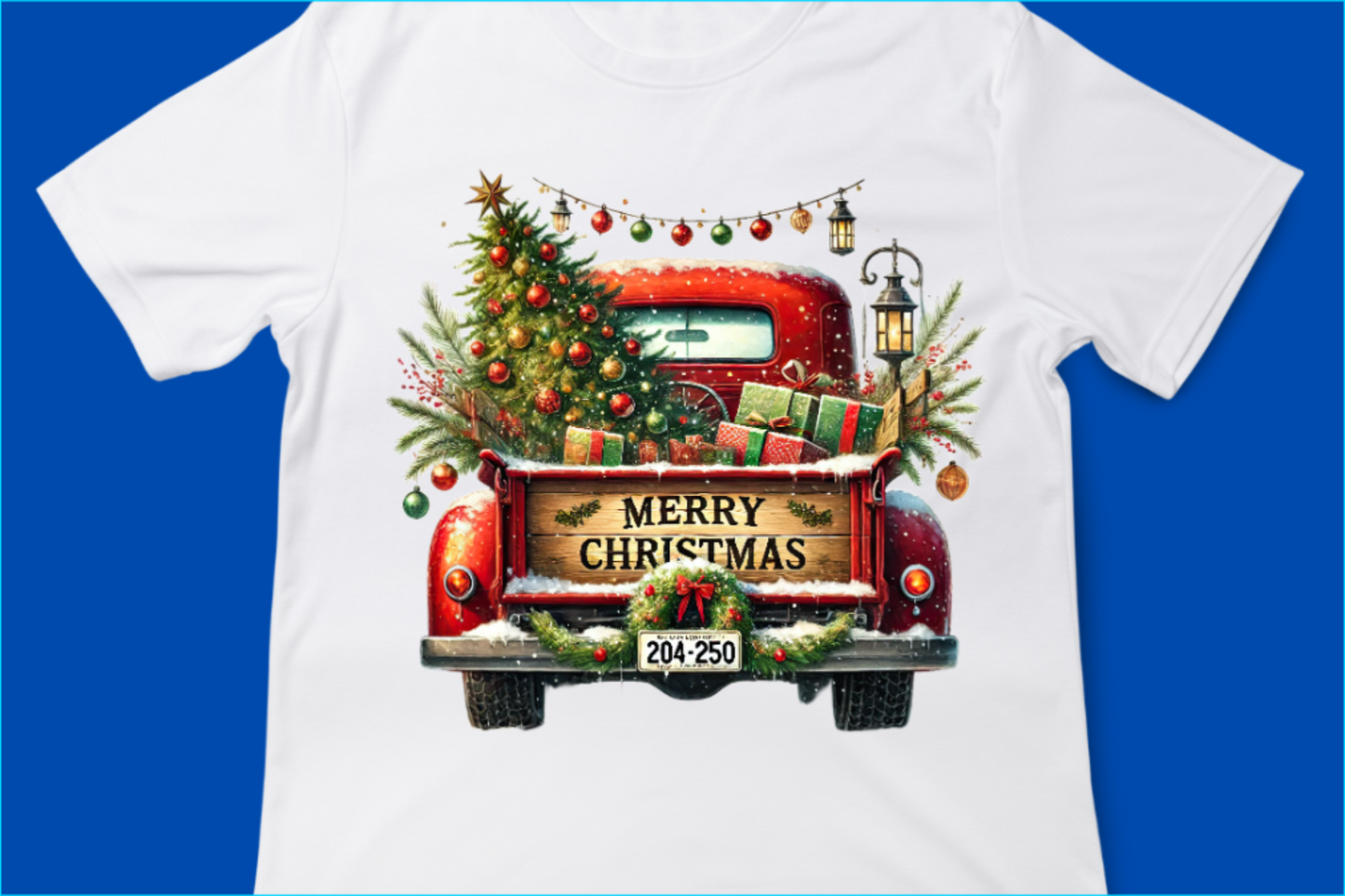 Vintage Merry Christmas Truck Tee – Festive Holiday Tree Pickup Design Red 1
