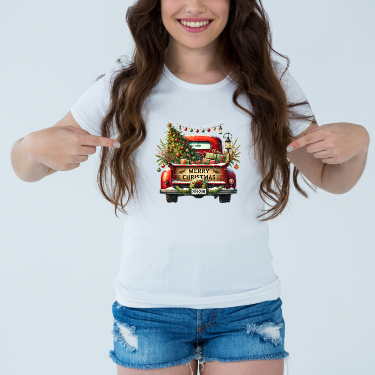 Vintage Merry Christmas Truck Tee – Festive Holiday Tree Pickup Design Red 1