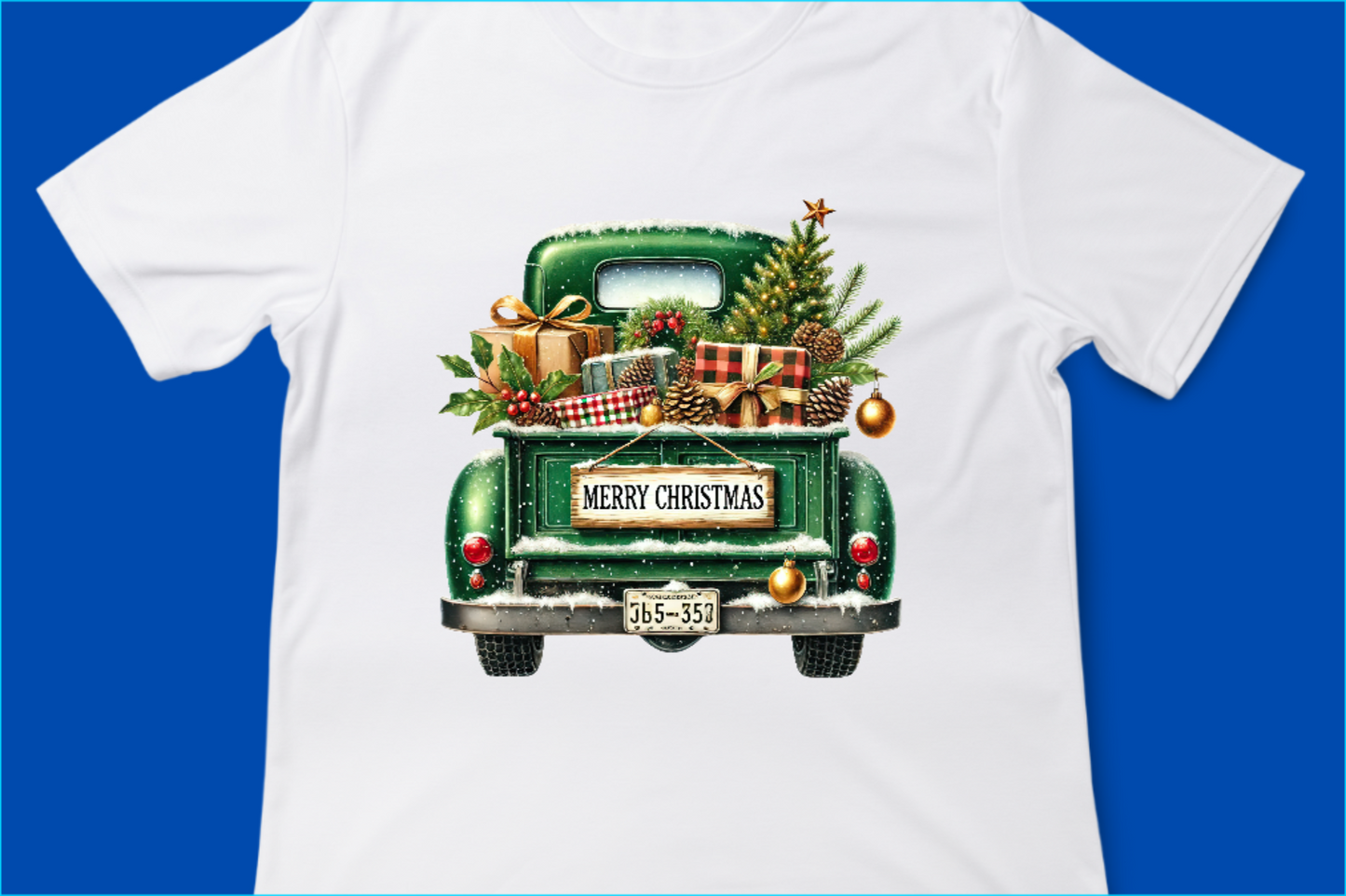 Vintage Merry Christmas Truck Tee, Festive Holiday Tree Pickup Design 2 Green