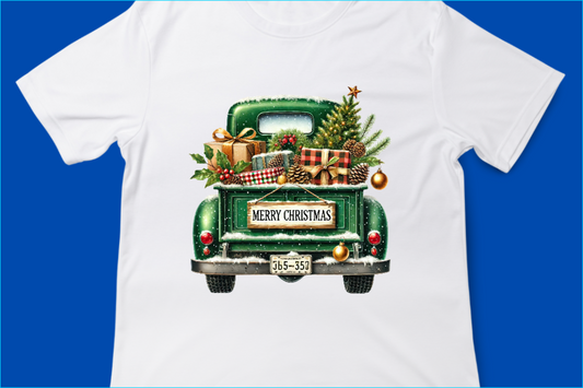 Vintage Merry Christmas Truck Tee, Festive Holiday Tree Pickup Design 2 Green